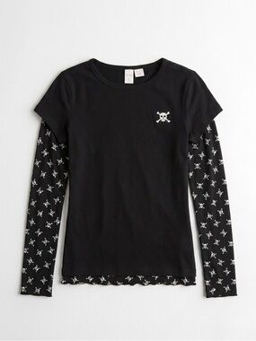 Vintage Y2K Route Black Skull Graphic Layered-Look Long Sleeve Top - Medium